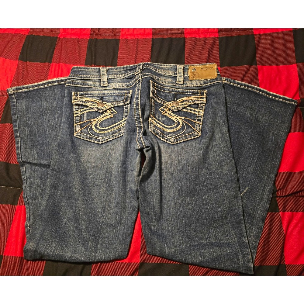 Silver Jeans Womens Blue Medium Wash Bootcut Denim Jeans, 5-Pocket Embroidered